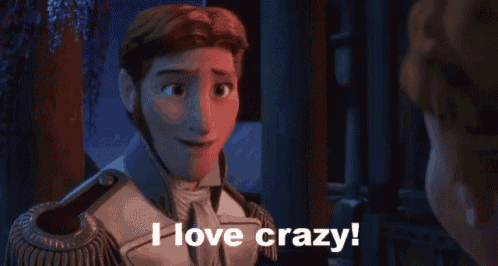 a cartoon character says i love crazy while looking at another person