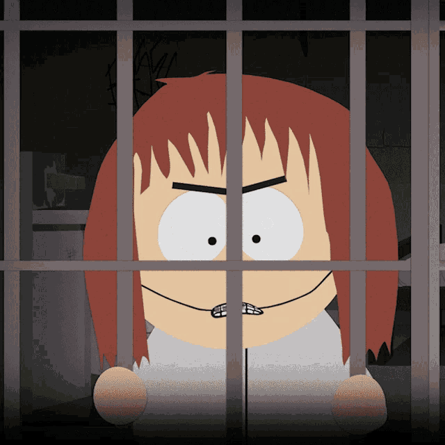 a cartoon character with red hair and white eyes is behind bars