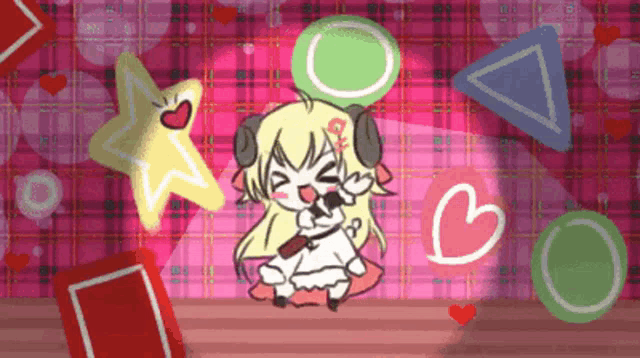 a girl with a microphone is surrounded by hearts and circles