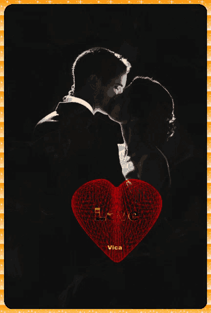 a black and white photo of a man and woman kissing with a red heart that says love on it