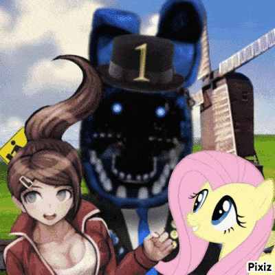 a girl and a pony are standing next to a monster with the number 1 on its hat
