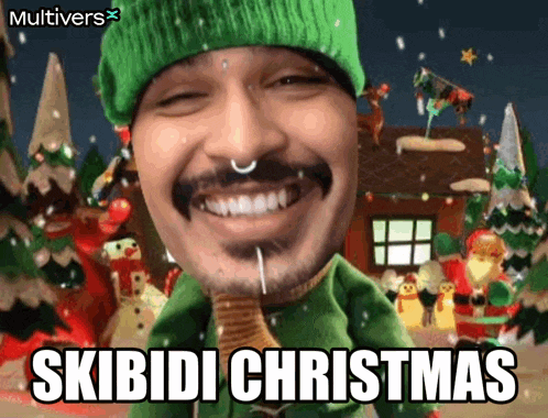 a man wearing a green hat and a green jacket says skibidi christmas