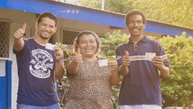 two men and a woman giving a thumbs up with one wearing a shirt that says ' eastern australian ' on it