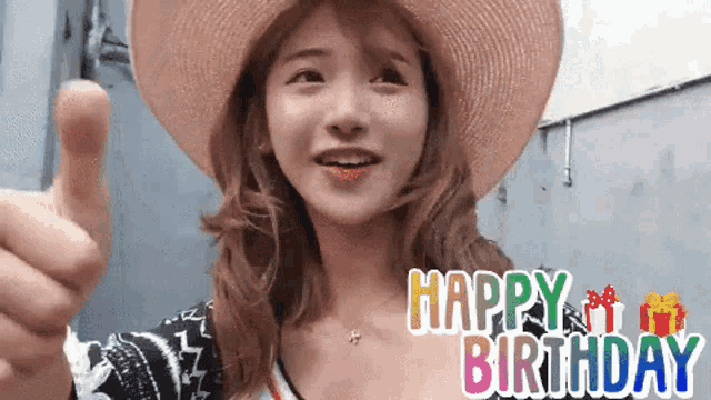 a woman wearing a straw hat is giving a thumbs up and the words happy birthday are behind her