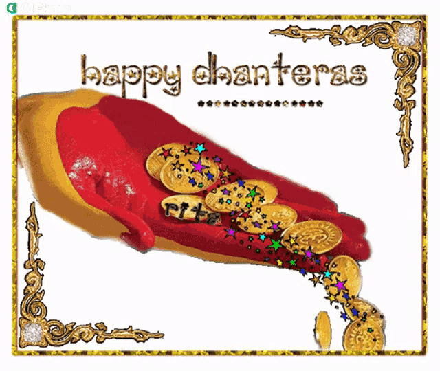 a picture of a hand full of gold coins with the words happy dhanteras