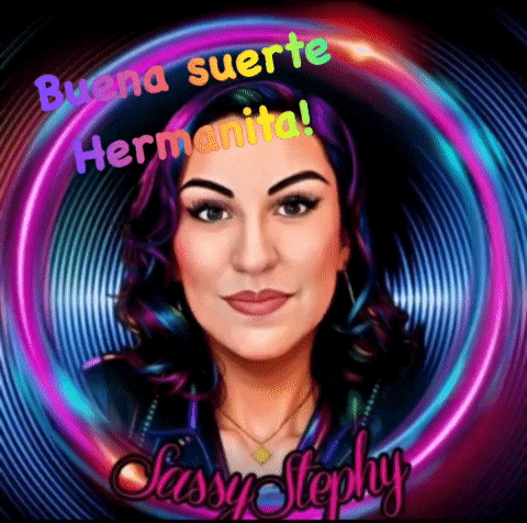 a cartoon of a woman with the words buena suerte hermanita written above her