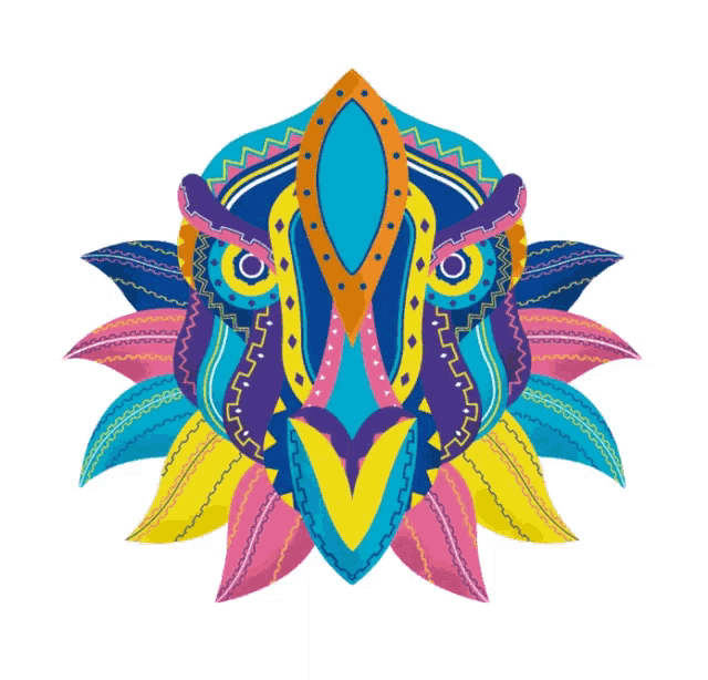 a colorful drawing of a bird with feathers around its head