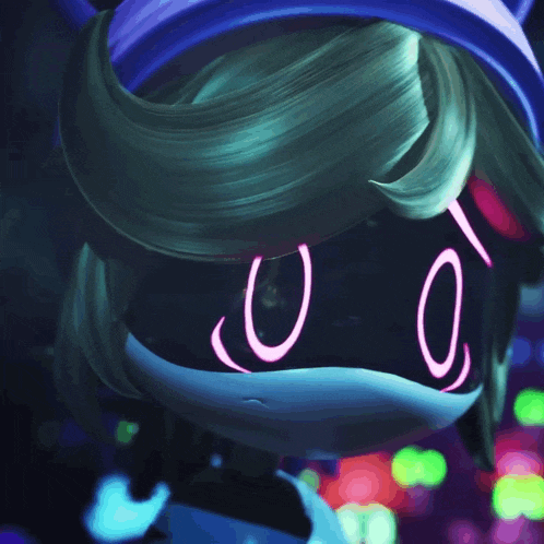 a close up of a cartoon character with purple eyes