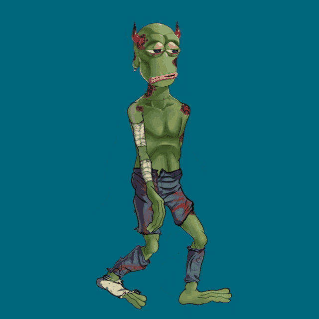 a cartoon of a green monster with horns and bandages