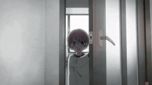 a girl with pink hair peeking out of a door