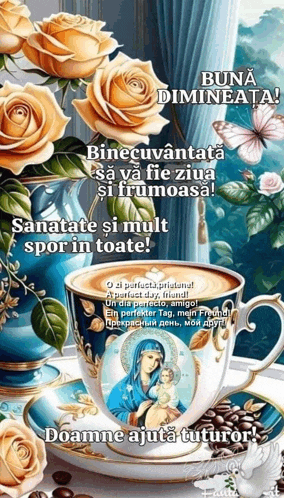 a cup of coffee with a picture of a woman holding a child on it