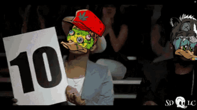 a man with a duck mask holds up a sign with the number 10 on it