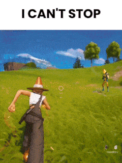 a woman in a cone hat is running in a field with the words " i can 't stop " written above her
