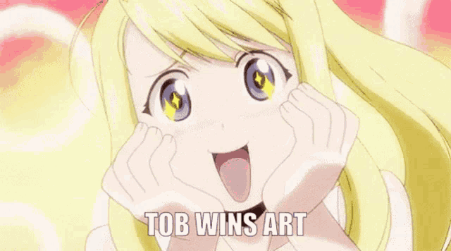 a girl with blonde hair and blue eyes is making a funny face with her hands on her face and the words tob wins art .