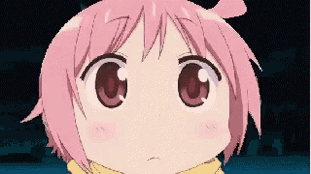 a close up of a pink haired anime girl 's face