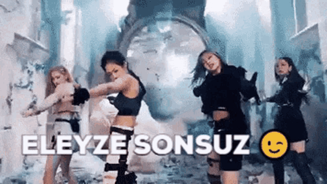 a group of women are dancing in a room with the words eleyze sonsuz written on the bottom .