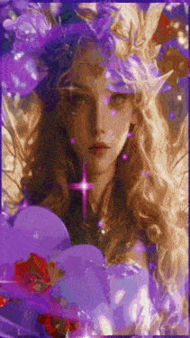 a painting of a woman with long blonde hair and purple flowers in her hair holding a purple heart .