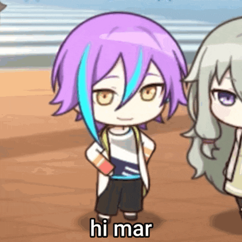 a cartoon character with purple hair and blue streaks is standing next to another cartoon character .