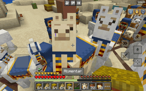 a screenshot of a minecraft game shows a llama with the word alimentar on the bottom