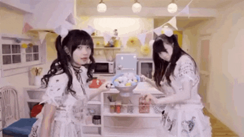 two women are standing next to each other in a kitchen .
