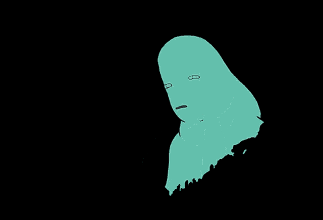 a cartoon drawing of a green ghost covering its face with its hands