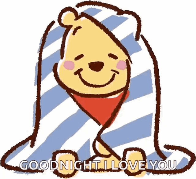 winnie the pooh is wrapped in a blue and white striped blanket .