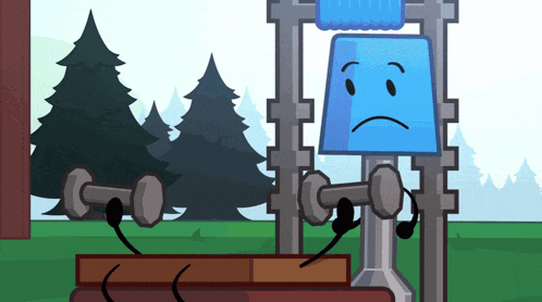 a cartoon character with a sad face is holding a dumbbell