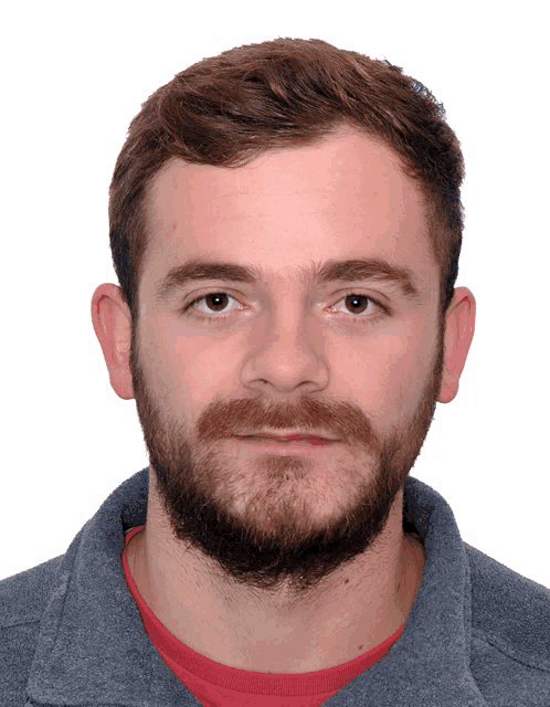 a man with a beard is wearing a gray jacket and a red shirt