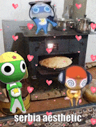 three cartoon characters are standing in front of an oven with the words serbia aesthetic above them