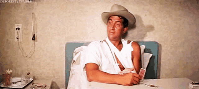 a man in a cowboy hat is sitting at a table with cards