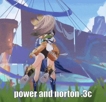 a cartoon character is standing in the grass with the words power and norton 3c below her