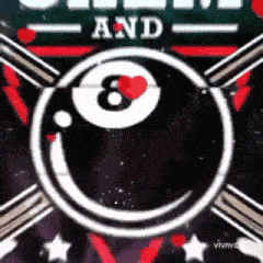 a pool ball with a heart inside of it is surrounded by a circle and stars .