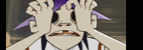 a cartoon character with a purple hat is covering his eyes with his hands
