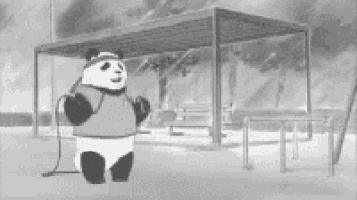 a black and white drawing of a panda bear wearing headphones standing in a park