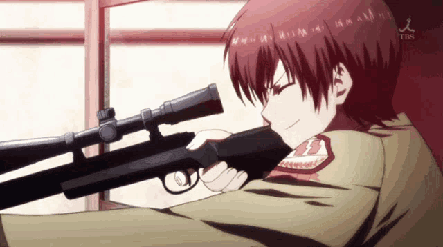 a girl is holding a sniper rifle with a tbs logo on the bottom
