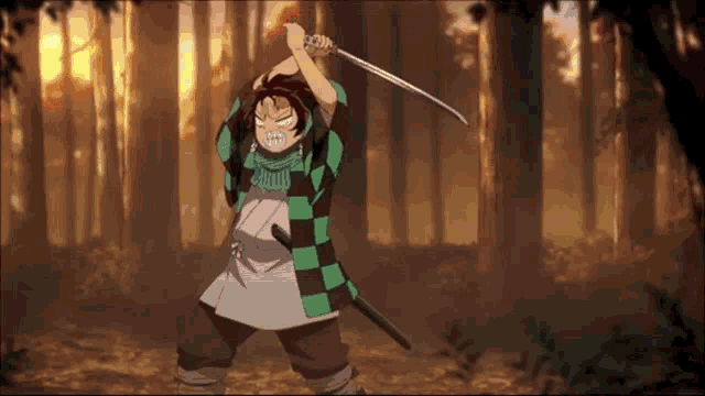 a man in a plaid shirt is holding a sword in a forest .