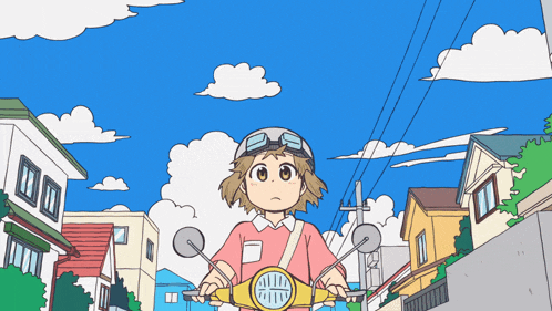 a cartoon of a girl riding a scooter in a neighborhood