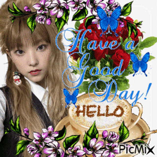 a picture of a girl with flowers and butterflies and the words have a good day
