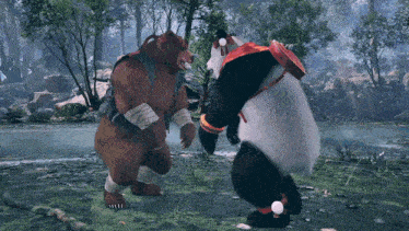 two bears are standing next to each other in a forest