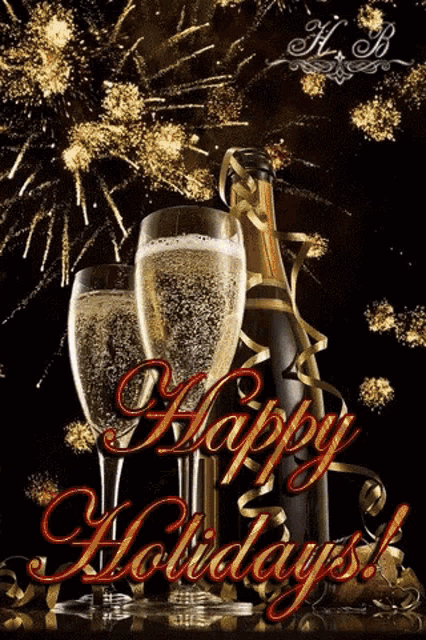 a bottle of champagne and two glasses of champagne with the words happy holidays