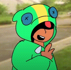 leon from brawl stars is wearing a green hoodie with blue buttons on his eyes and giving a peace sign .