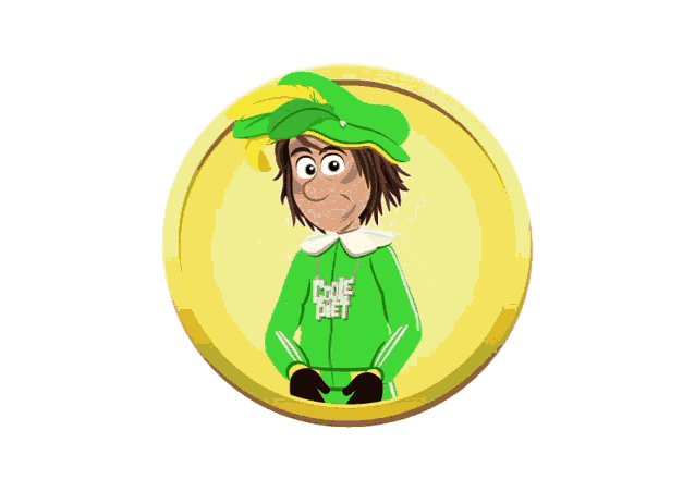a cartoon character wearing a green hat and gloves