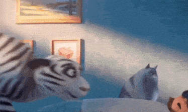 a stuffed zebra is standing next to a stuffed cat in a bedroom .