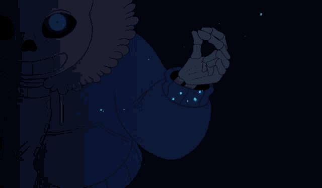 a cartoon character with blue eyes and a blue jacket