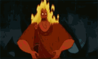 a cartoon character with flames coming out of his head and the word god in white letters