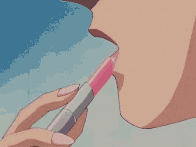 a woman is applying pink lipstick to her lips in a bathroom .