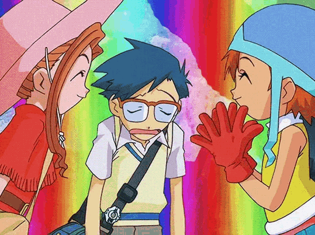 a boy wearing glasses is surrounded by two girls with rainbow backgrounds
