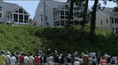 a large group of people are walking down a hill
