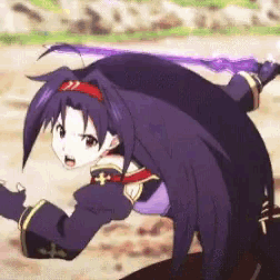 a girl with purple hair is holding a purple sword on her back
