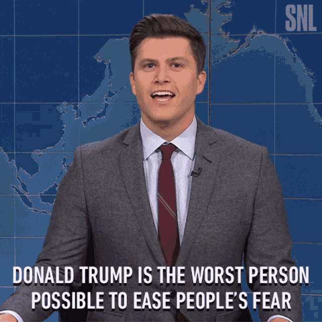 Donal Trump Is The Worst Person Possible To Ease Peoples Fear Colin Jost GIF - Donal Trump Is The Worst Person Possible To Ease Peoples Fear Colin Jost Saturday Night Live GIFs